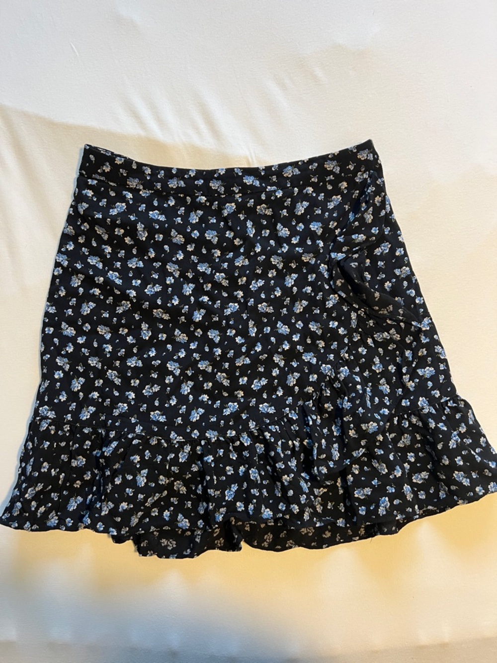 Madewell Black Mini Skirt with Blue Floral Print and Ruffle Hem